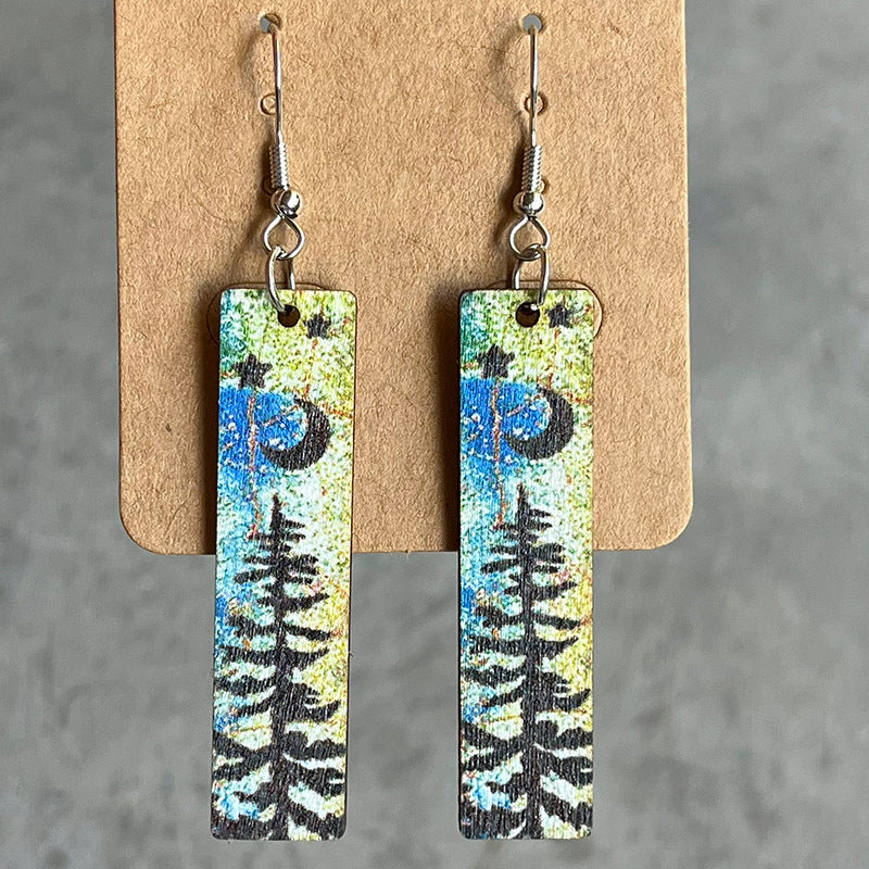 Stars and Moon Wooden Dangle Earrings