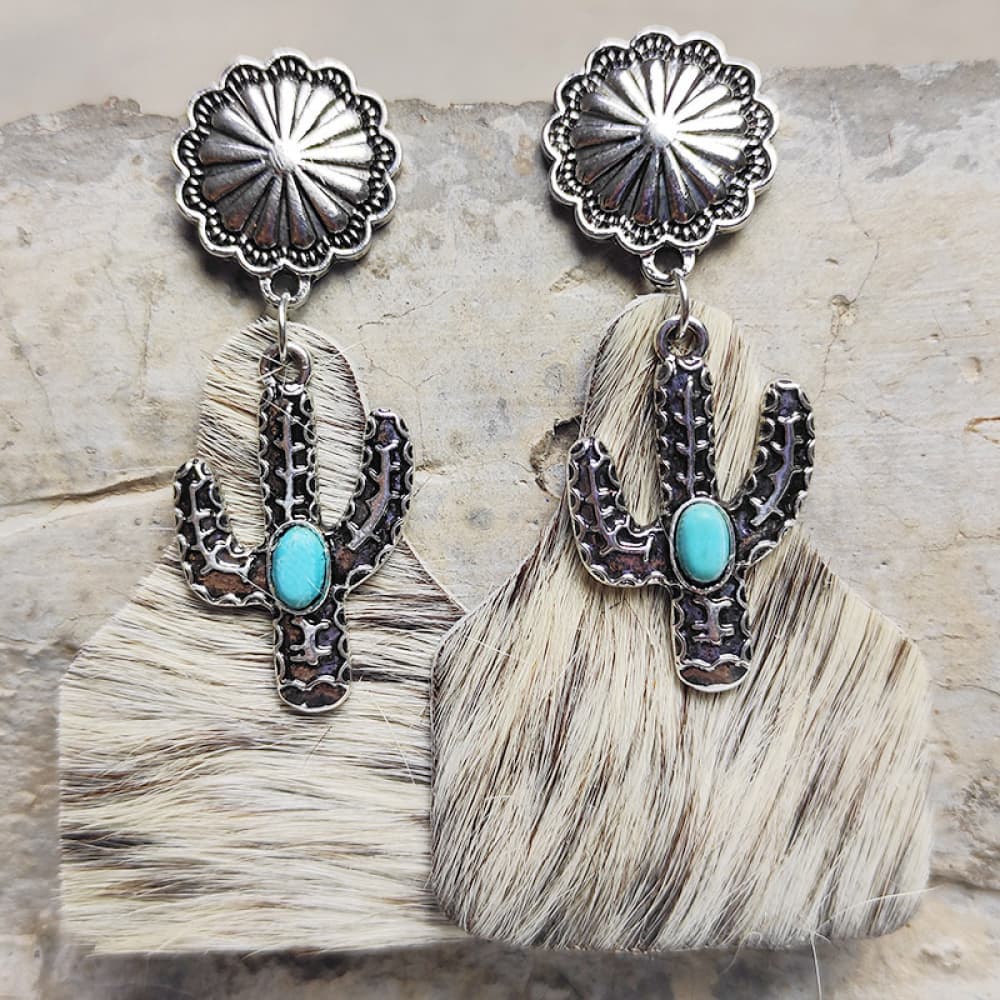 Turquoise Cactus Earrings with horse hair hide 