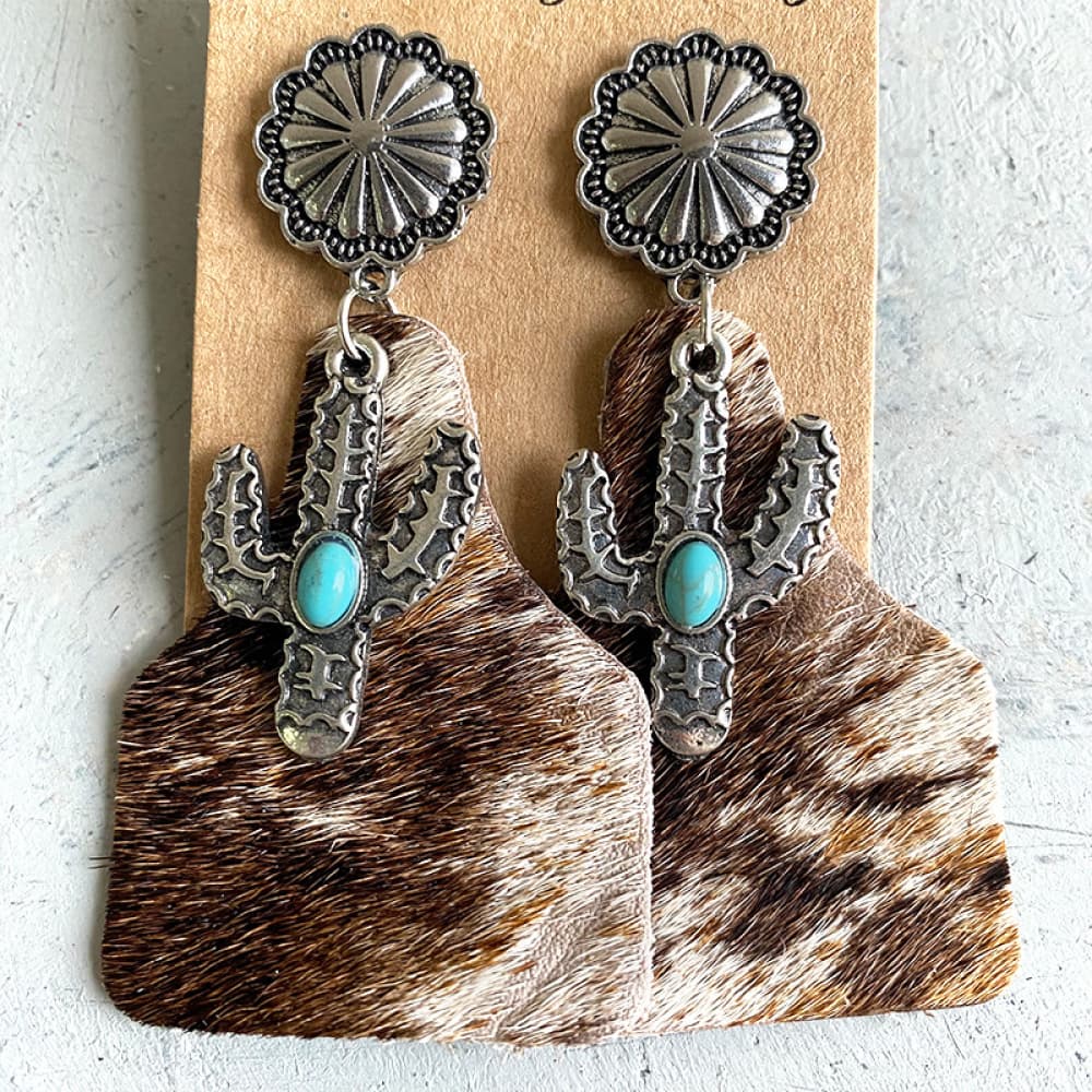 Turquoise Cactus Earrings with bull hair hide