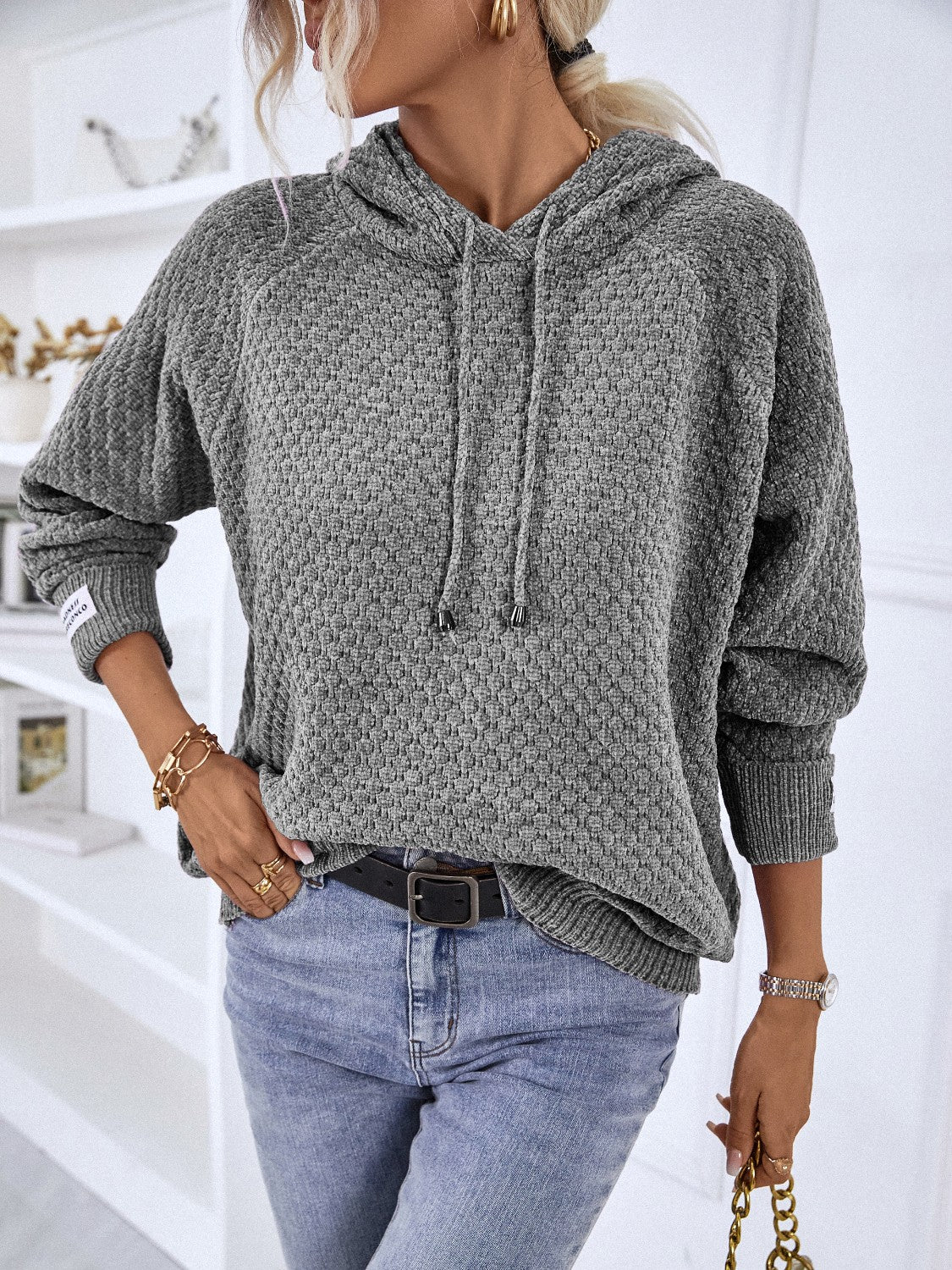 Grey Texture Drawstring Long Sleeve Hooded Sweater