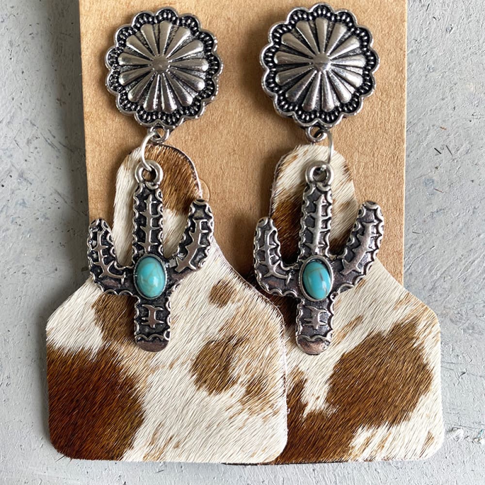 Turquoise Cactus Earrings with cow or bull hide