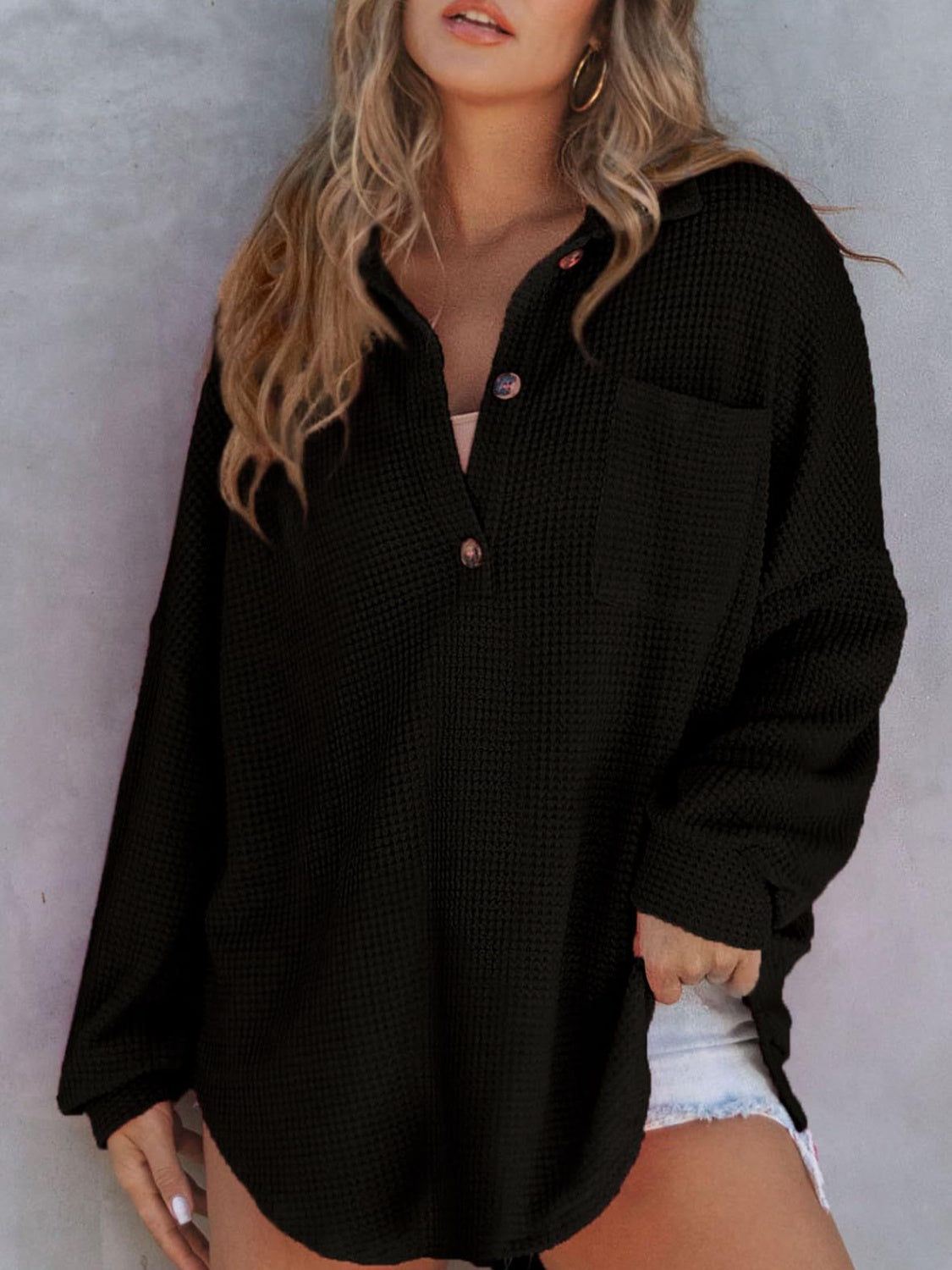 Waffle-Knit Long Sleeve Sweatshirt