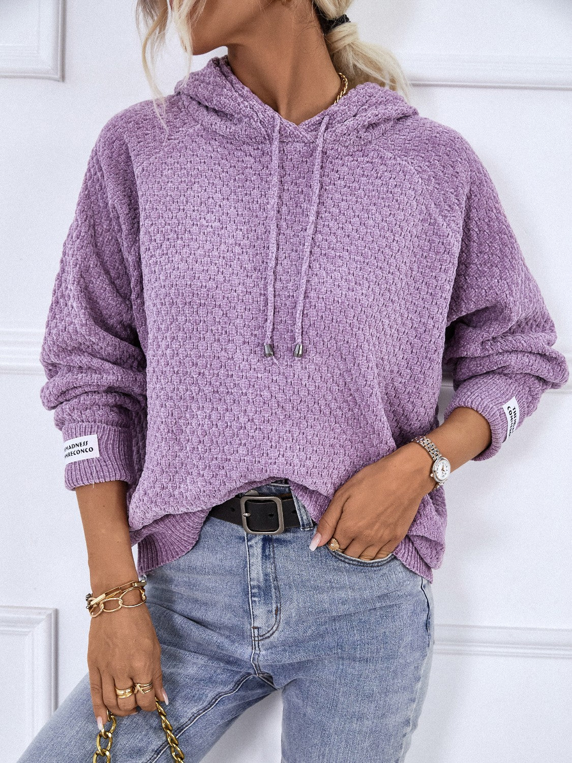 Purple Texture Drawstring Long Sleeve Hooded Sweater