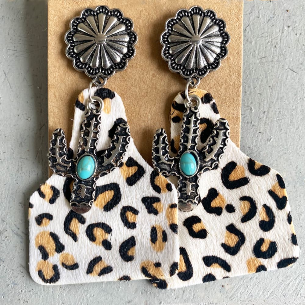 Turquoise Cactus Earrings with white leopard print hide 