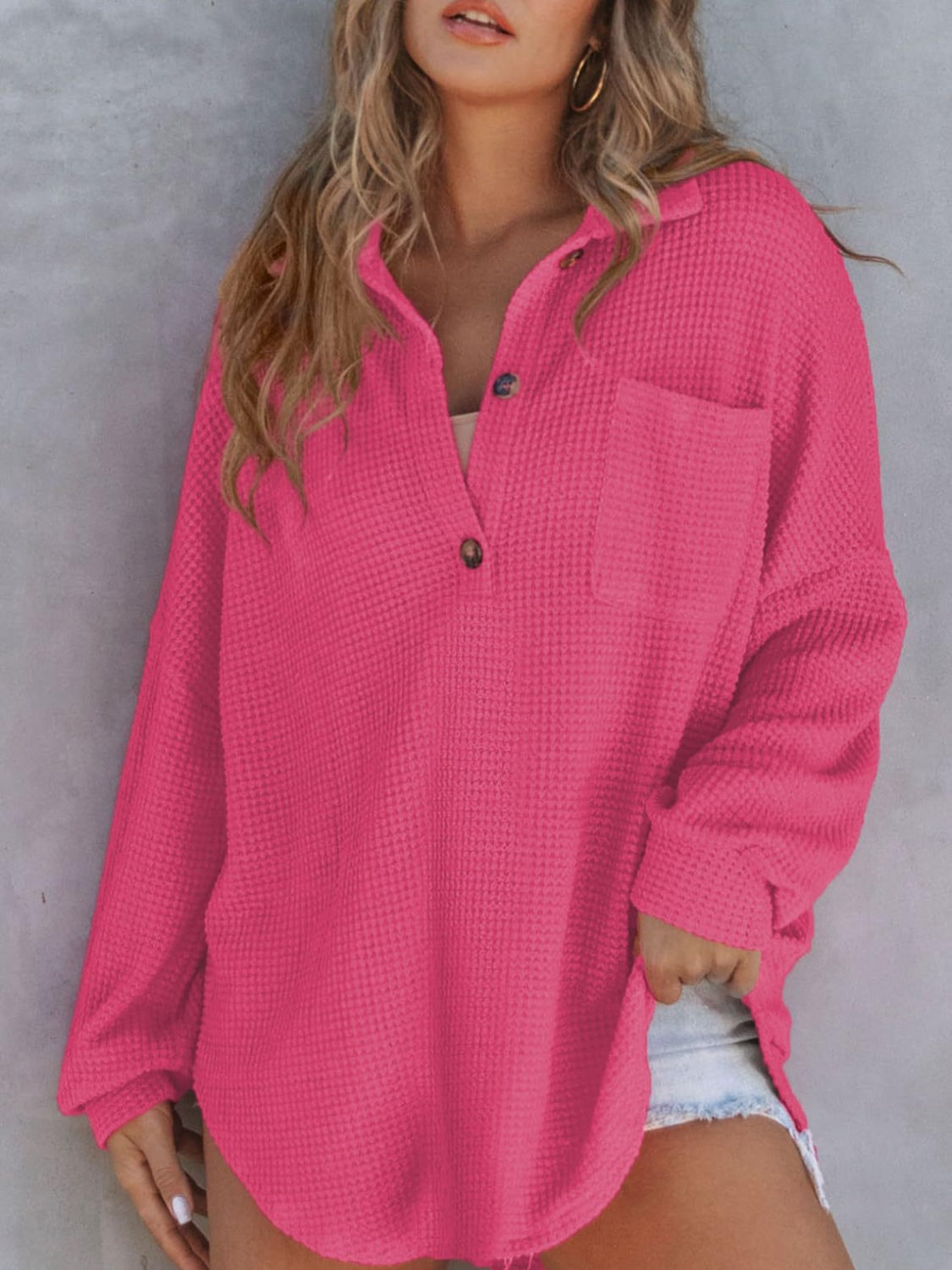 Waffle-Knit Long Sleeve Sweatshirt