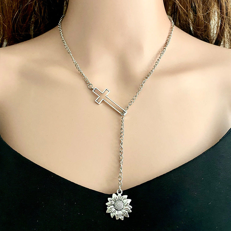 Cross chain necklace with sunflower