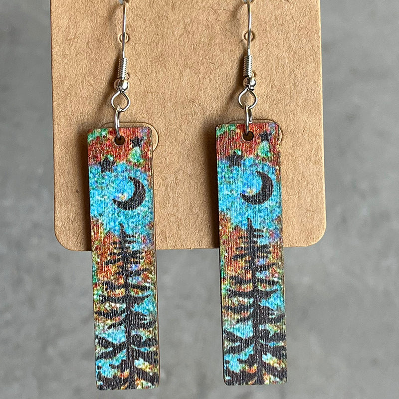 Stars and Moon Wooden Dangle Earrings