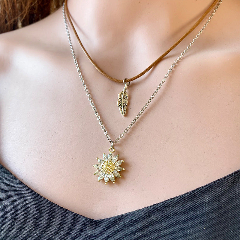 Tiered Sunflower and feather Pendant Necklace Set