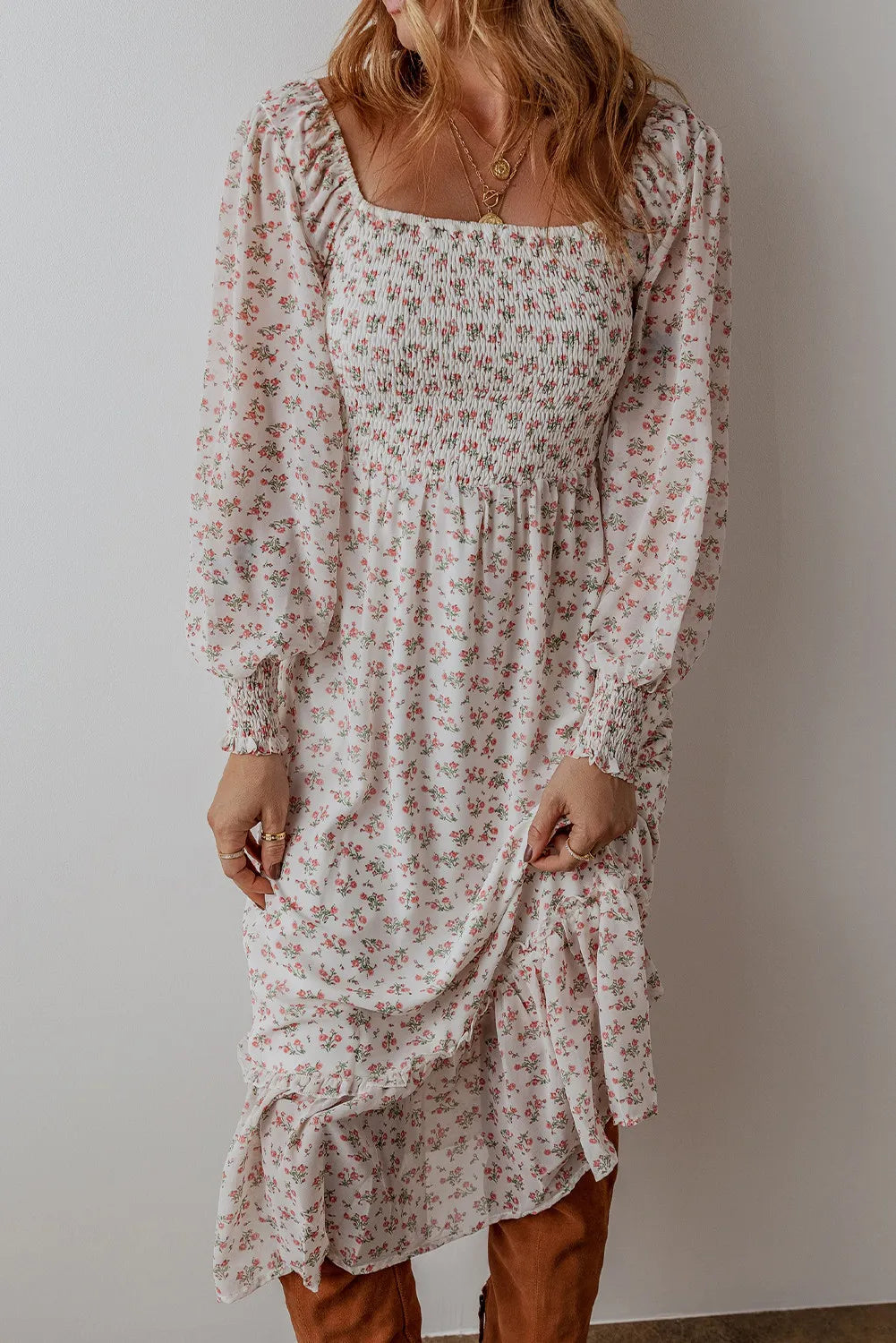 Smocked Floral Square Neck Long Sleeve Midi Dress