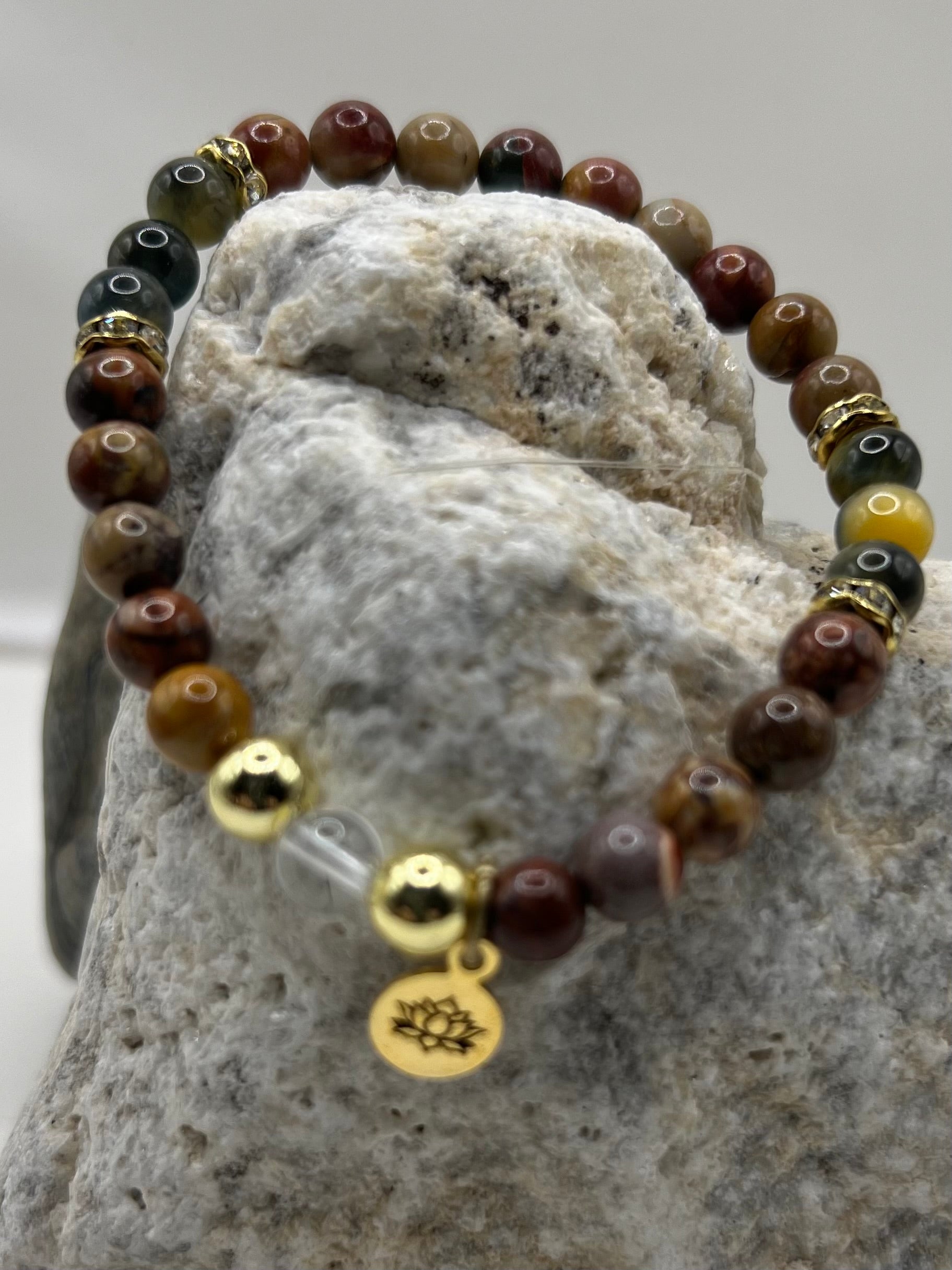 Fall Vibes 6mm Gemstone  Bracelet Featuring Red Creek Jasper, Mexican Birds Eye Rhyolite and Blue Tigers Eye