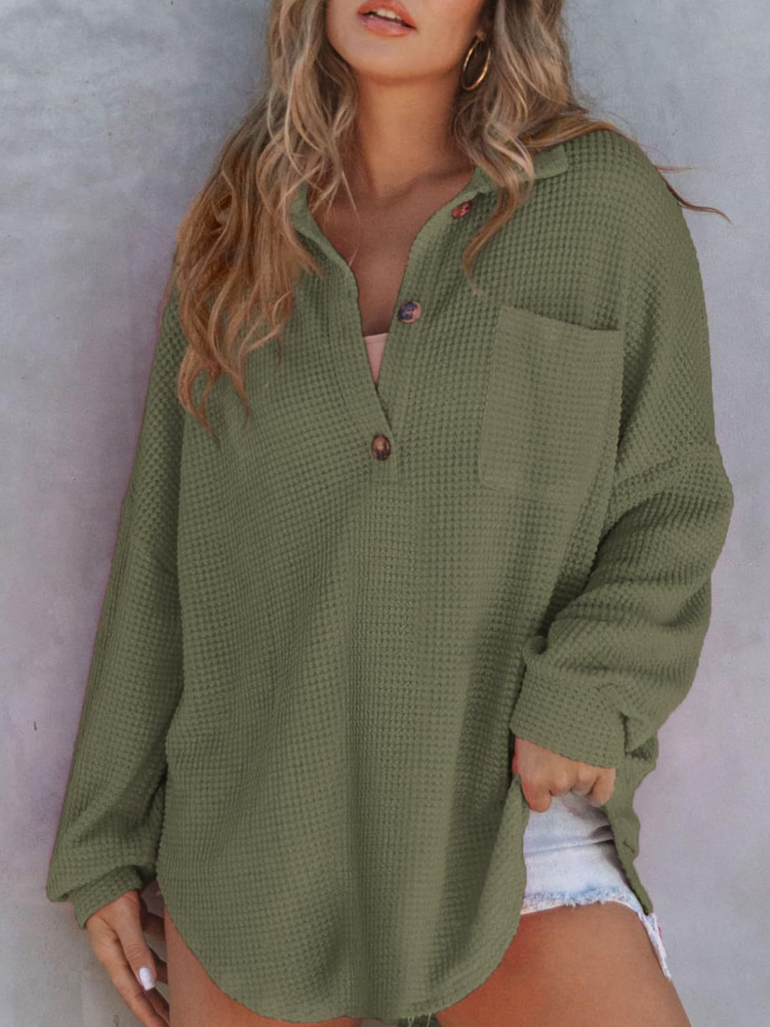 Waffle-Knit Long Sleeve Sweatshirt