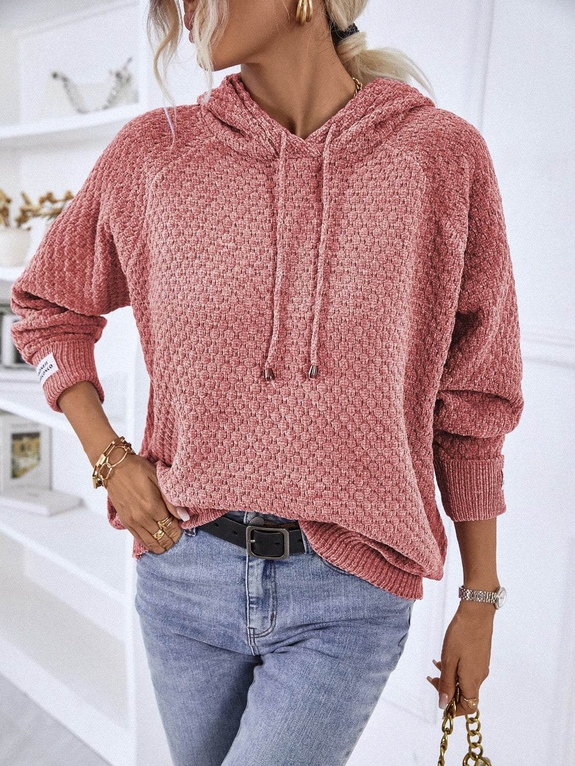 Texture Drawstring Long Sleeve Hooded Sweater