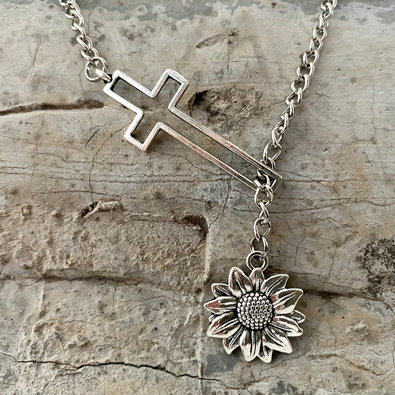 Cross chain necklace with sunflower