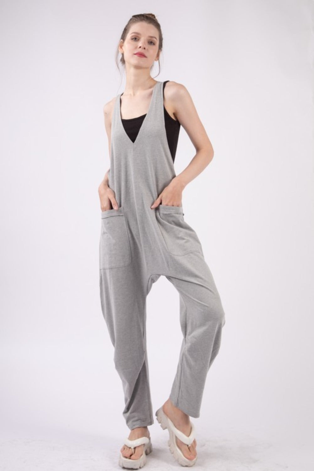 Plunge Sleeveless Jumpsuit with Pockets