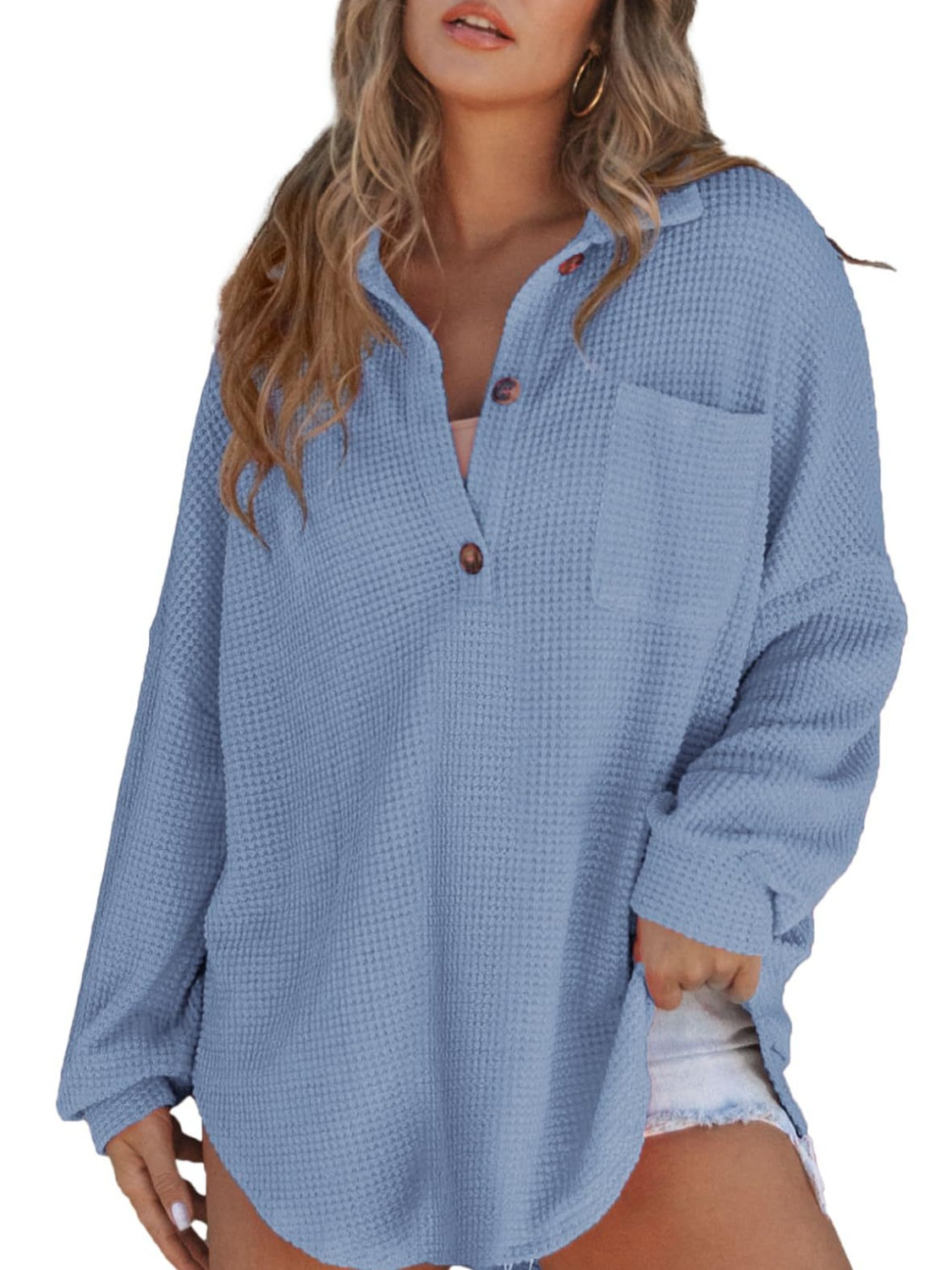 Waffle-Knit Long Sleeve Sweatshirt