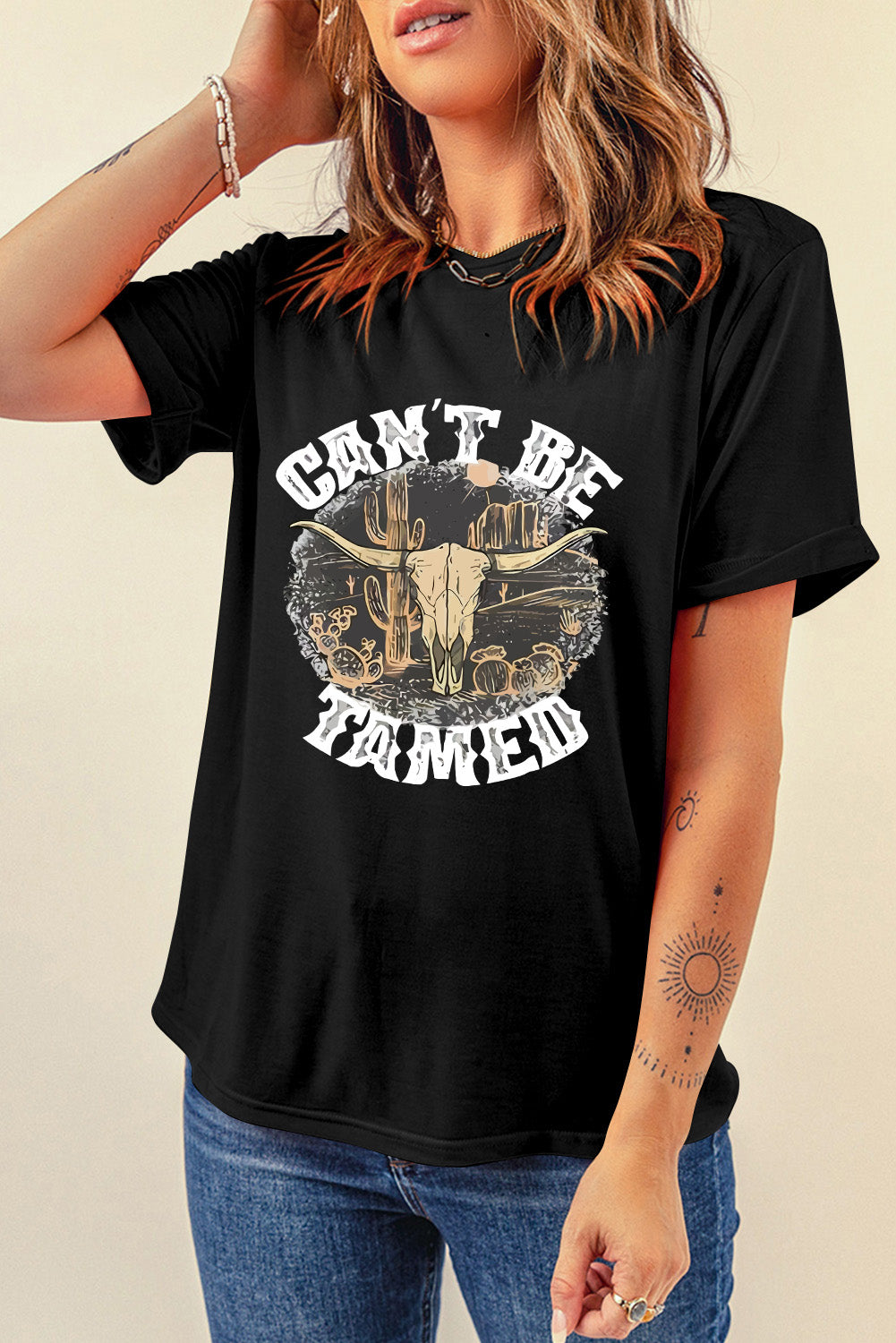 Can’t be tame tshirt in black - bull head skull 