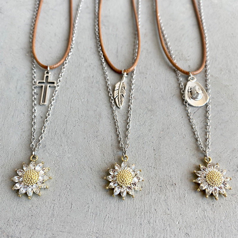 Tiered Sunflower and feather or cross or cowboy hat Pendant Necklace Set