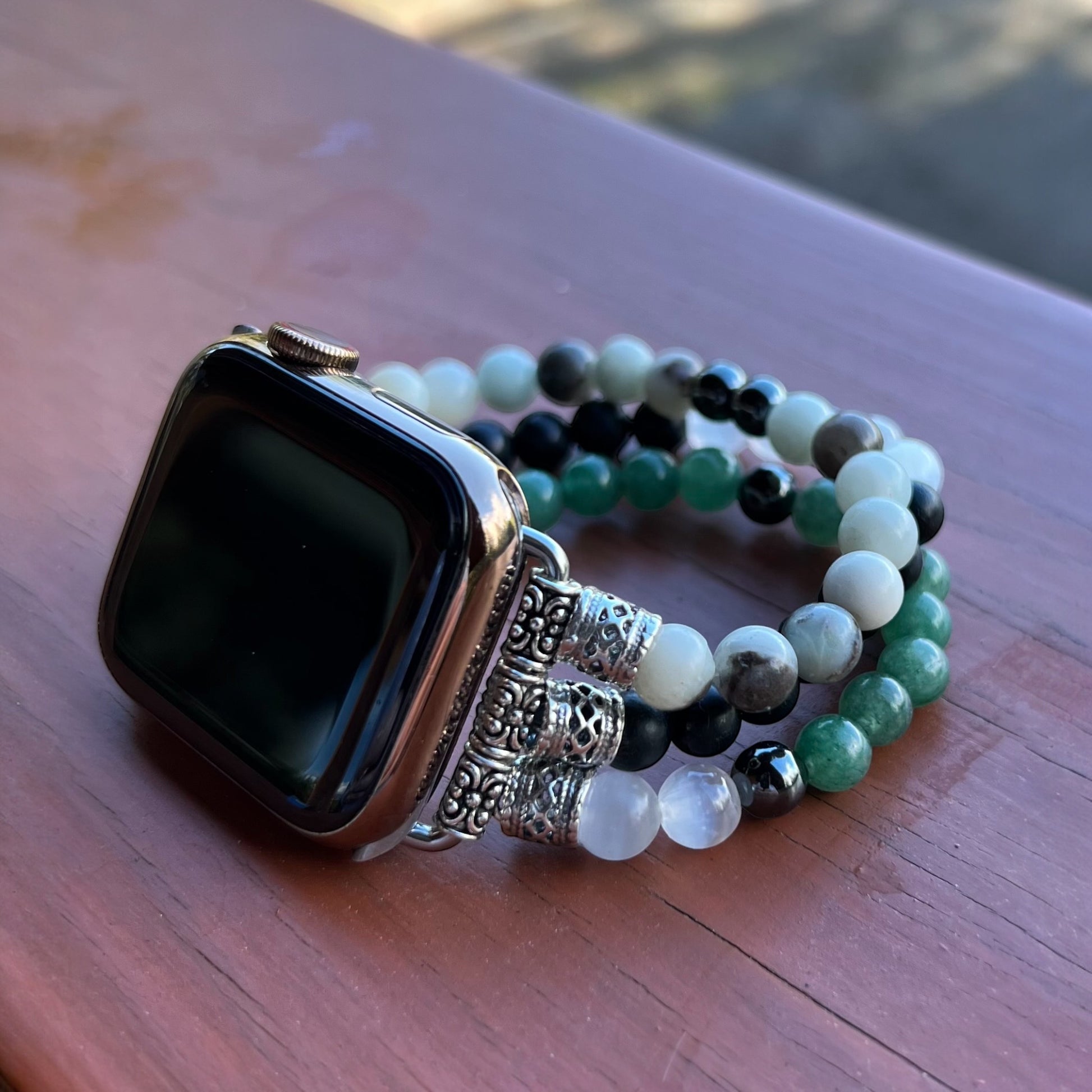 EMF protection apple watch band made with shungite, hematite, aventurine, selenite and amazonite