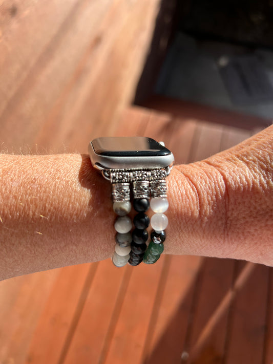 EMF protection apple watch band made with shungite, hematite, aventurine, selenite and amazonite