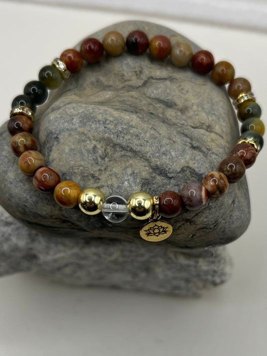 Fall Vibes 6mm Gemstone  Bracelet Featuring Red Creek Jasper, Mexican Birds Eye Rhyolite and Blue Tigers Eye