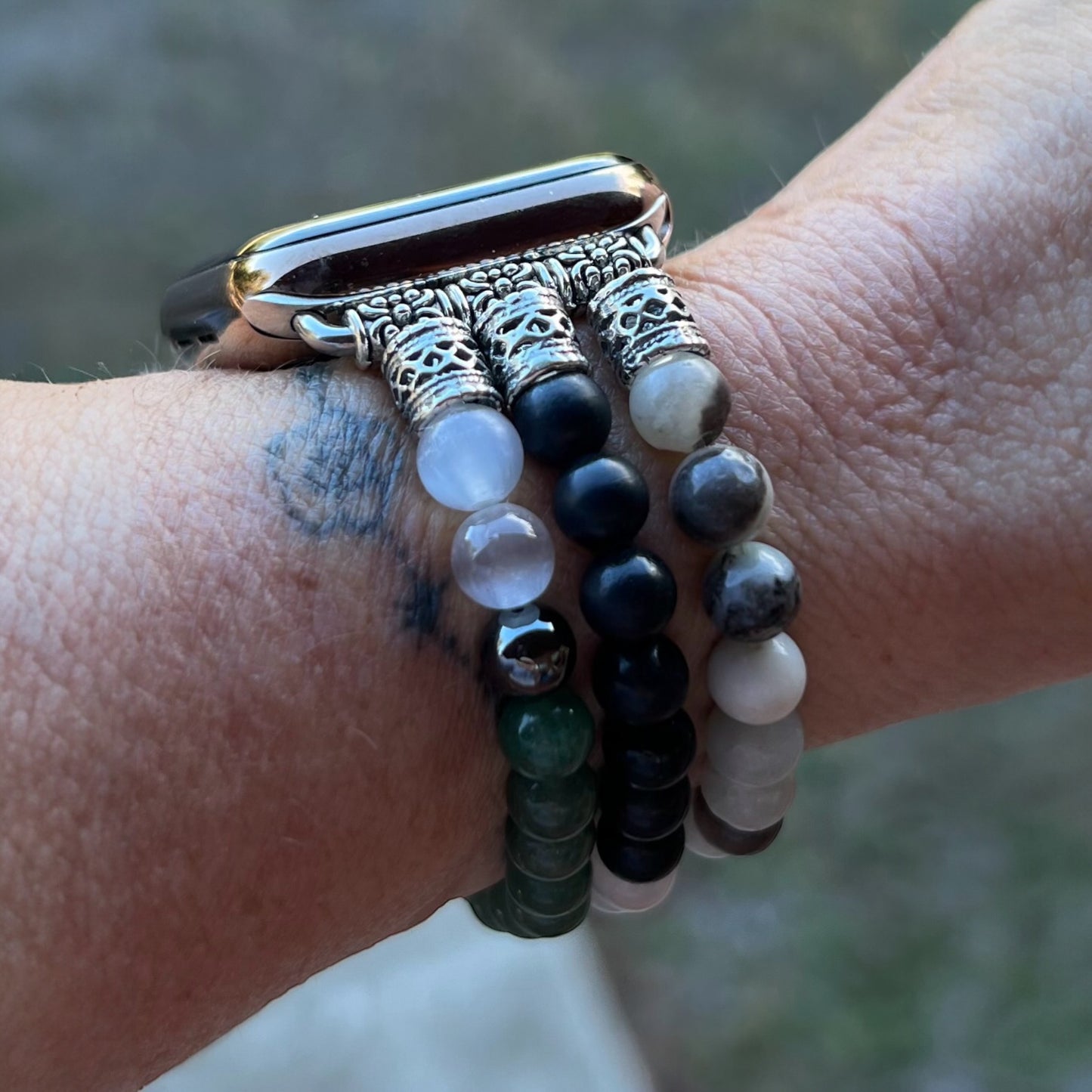 EMF protection apple watch band made with shungite, hematite, aventurine, selenite and amazonite