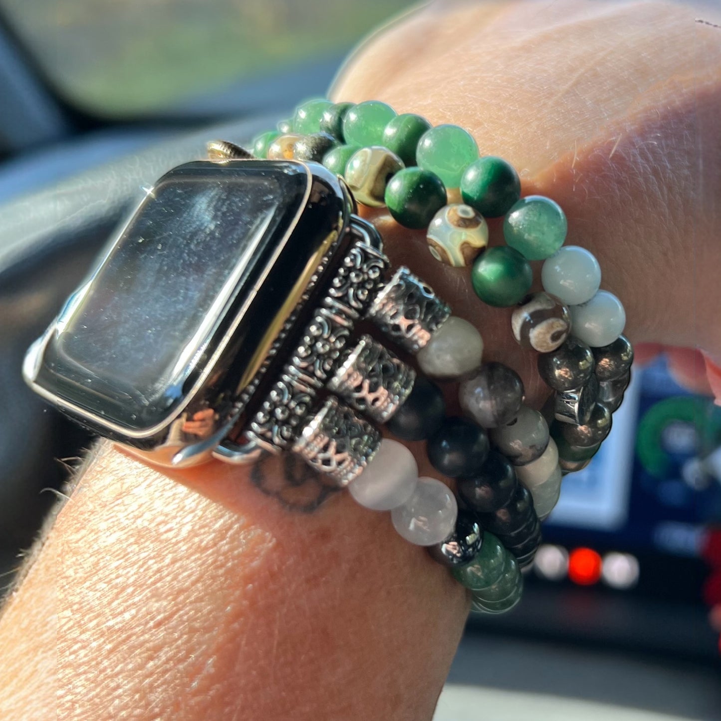 EMF protection apple watch band made with shungite, hematite, aventurine, selenite and amazonite