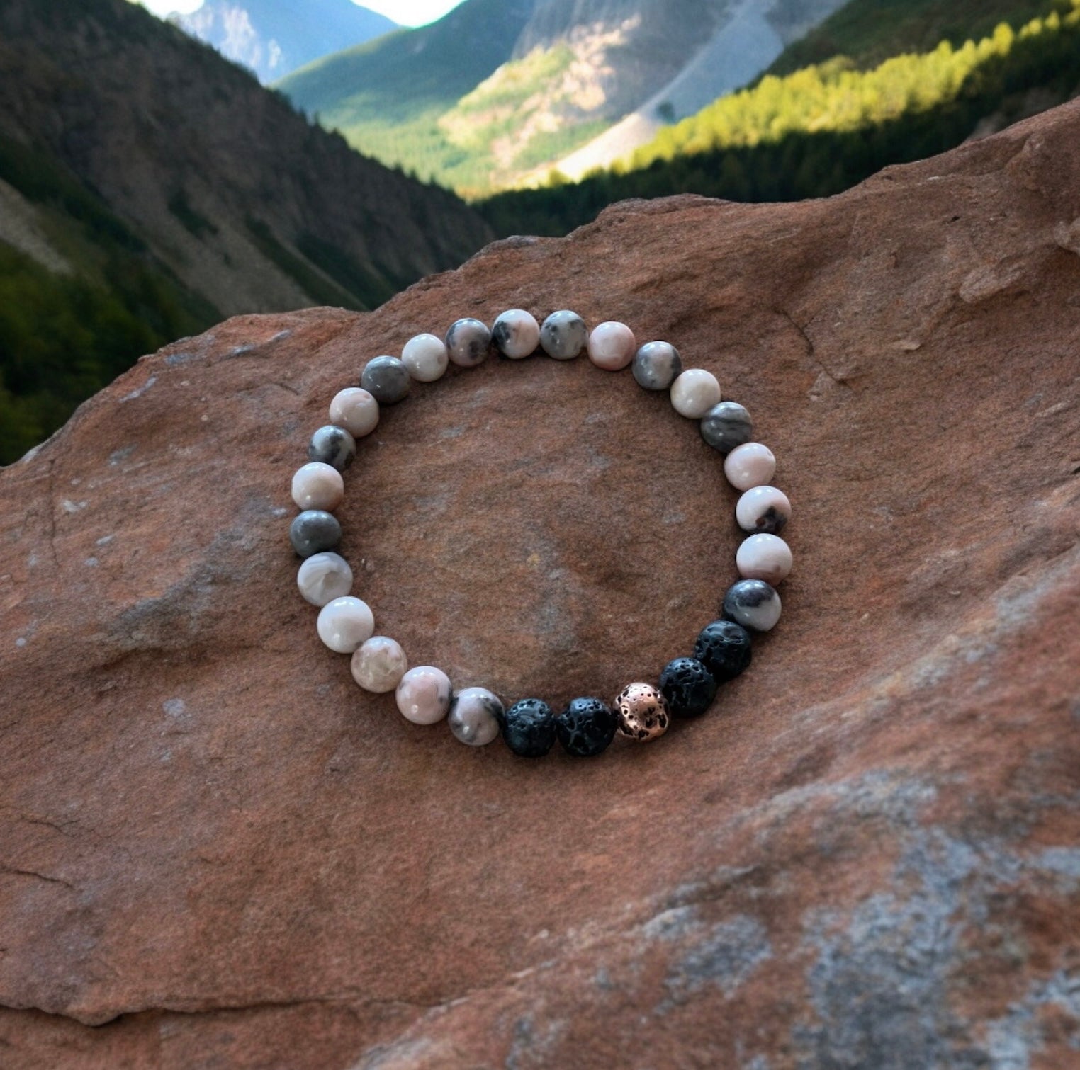 Pink Zebra Jasper and Lava Stone bracelet