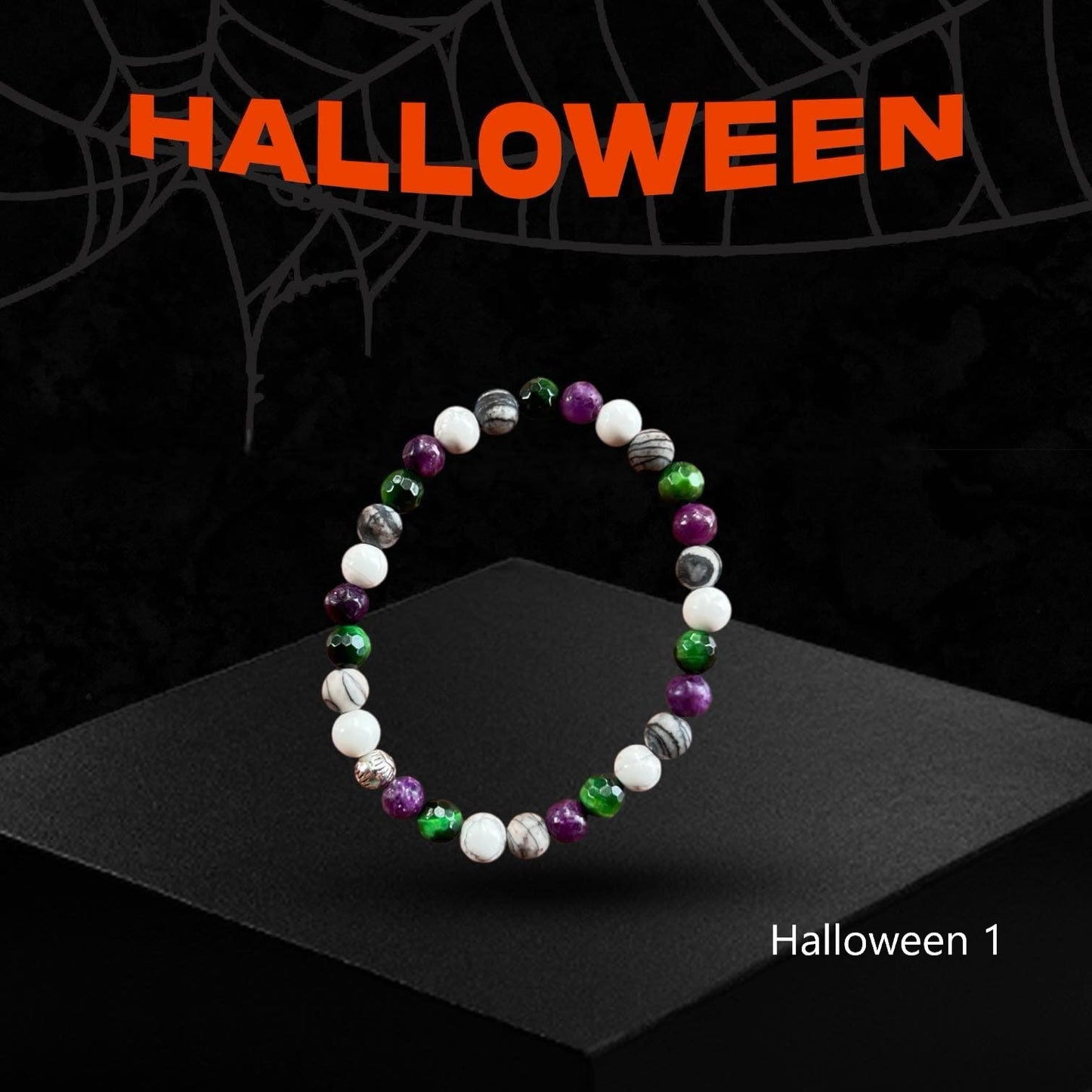 Halloween bracelet with howlite, green tigers eye, amethyst, black silk stone