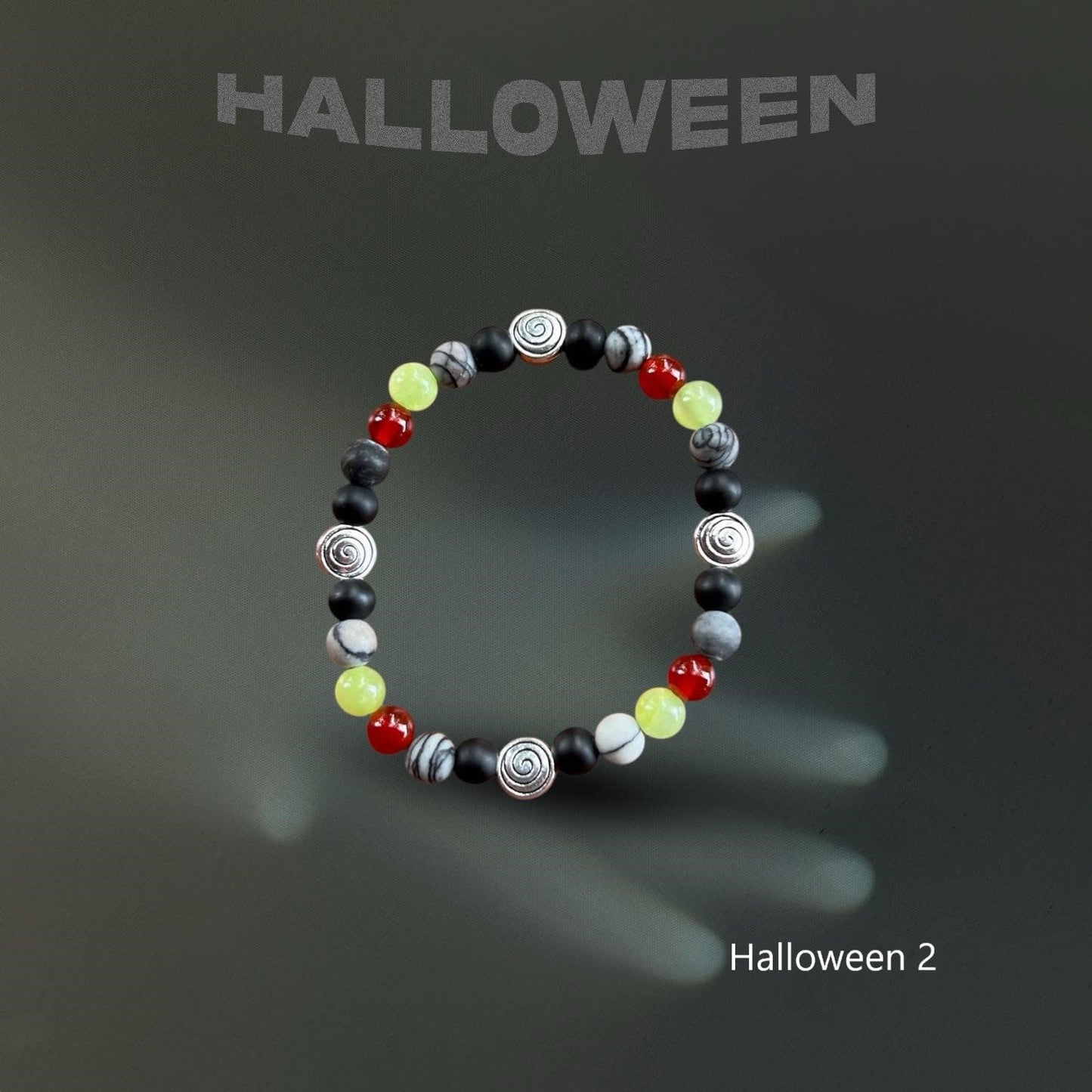 Halloween bracelet with Black onyx, black silk stone, green calcite, carnelian