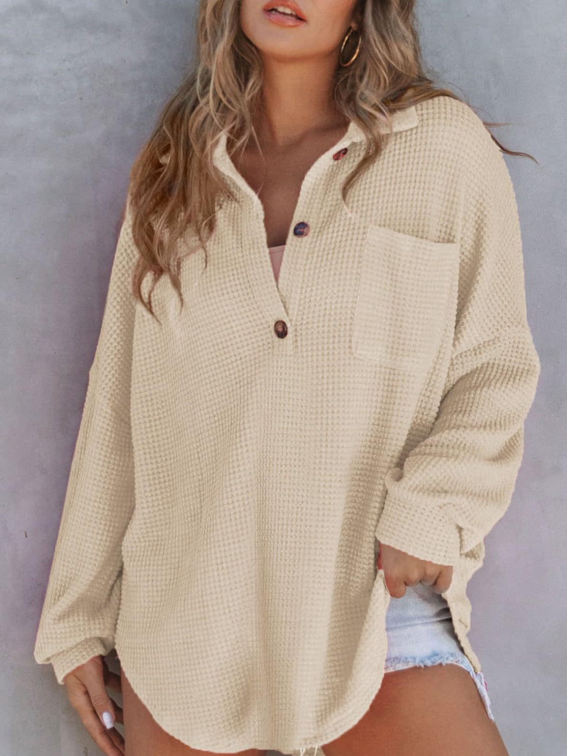 Waffle-Knit Long Sleeve Sweatshirt