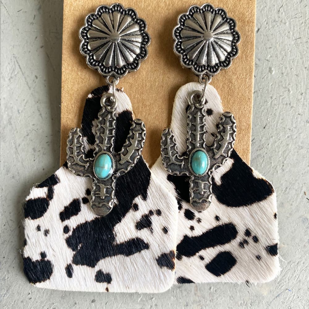 Turquoise Cactus Earrings with cow hide