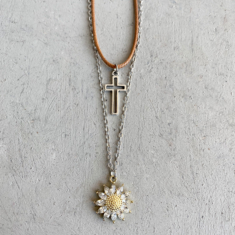 Tiered Sunflower and cross Pendant Necklace Set