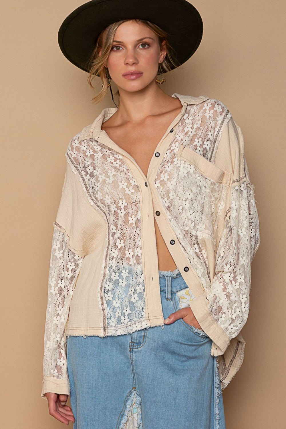 Oversize Lace Button-Down Shirt - Perfect for layering