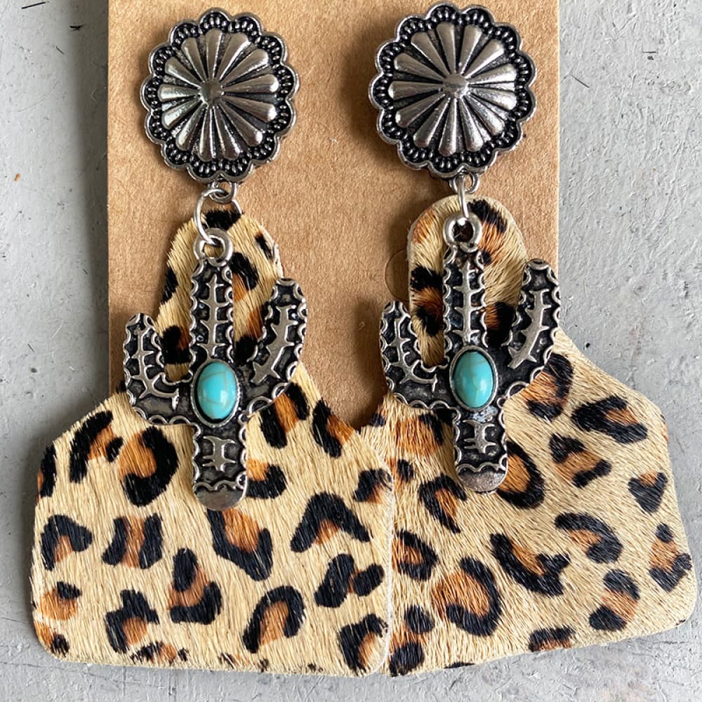 Turquoise Cactus Earrings with leopard print hide