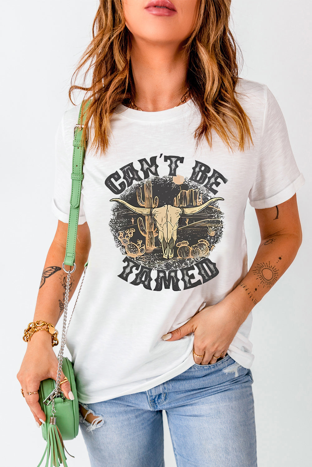 Can’t be tamed tshirt in white - bull head skull 