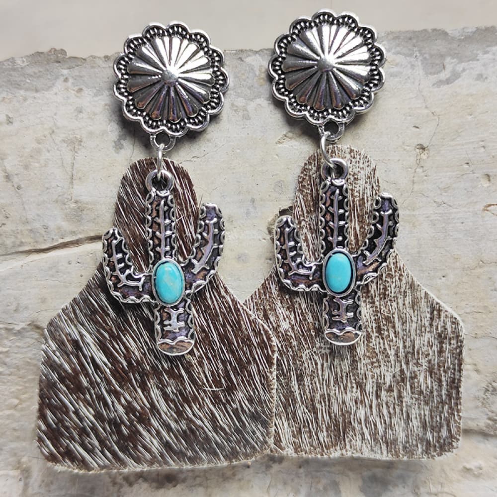 Turquoise Cactus Earrings with hide