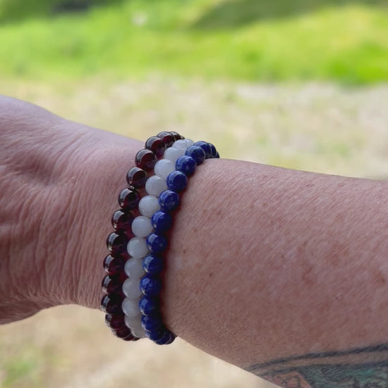 Red white and blue featuring garnet moonstone and lapis lazuli 