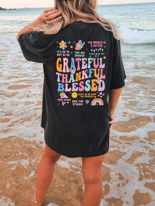 Grateful, Thankful, Blessed - Graphic Round Neck Short Sleeve T-Shirt